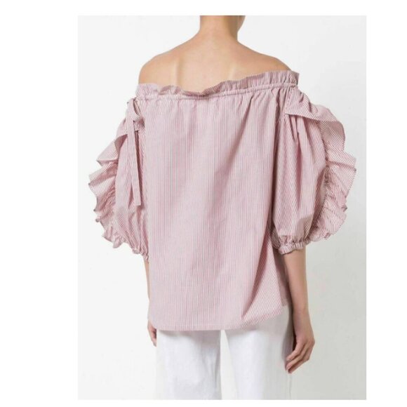 Robert Rodriguez Ruffle Stripe Cotton Shirt Womens Small Red Off Shoulder Light - Picture 2 of 9